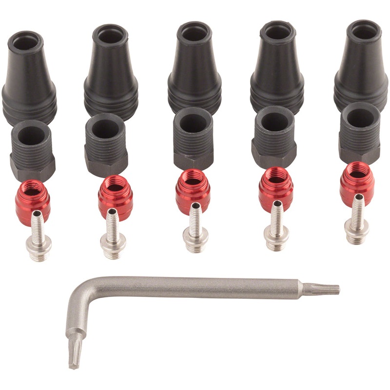 SRAM Red/Force AXS 2-Pc Disc Brake Hose Fitting Kit - 5 Threaded Hose Barbs 5 Compression Nuts 5 Boots Red Comp Olives 1 T8 Torx