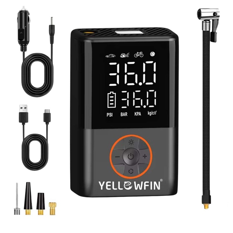 Portable Electric Pump | YELLOWFIN - 150 psi, 4000 MAh Battery, Presta/Schrader, Auto-Cut, LED/Power Bank