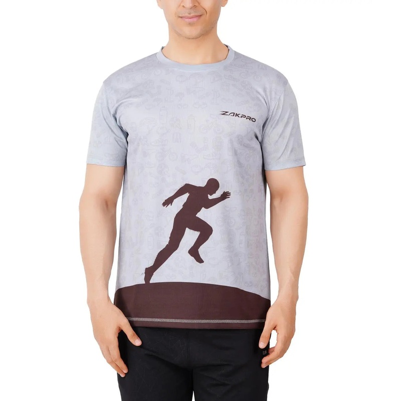ZAKPRO Sports T-shirt for Men | Sports fit | Sports tee for men | Polyester Active Wear | Running | Gym workout wear | Stretchable Fabric - (Grey Run) XS