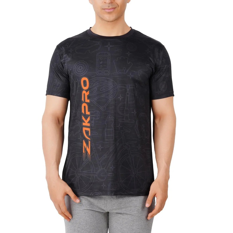 ZAKPRO Sports T-shirt for Men | Sports fit | Sports tee for men | Polyester Active Wear | Running | Gym workout wear | Stretchable Fabric - (Tone Black) XS